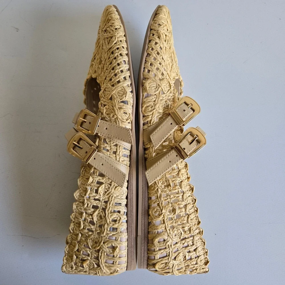 Dolce Vita Woven Raffia Double Strap Mary Jane Flats Natural Beige Size 9